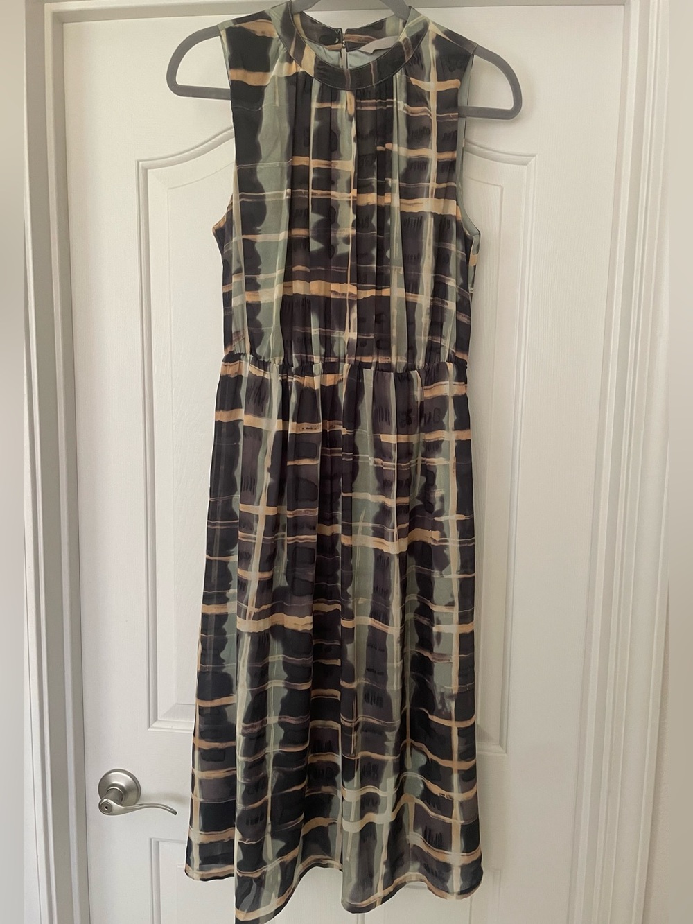 H&M Sleeveless Midi Dress in Black, Olive and Tan Plaid